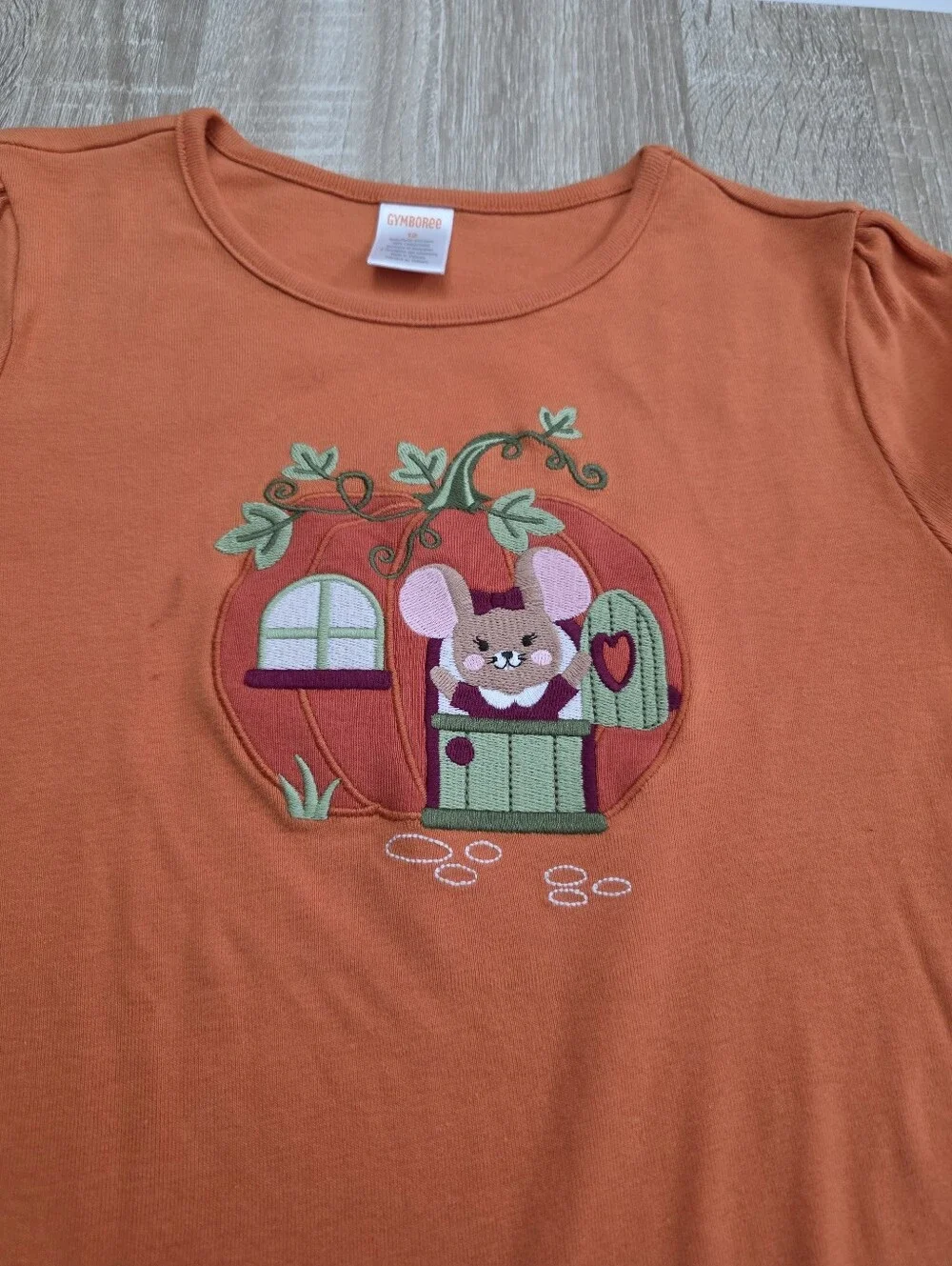Gymboree Girls Orange Long-Sleeve Pumpkin Mouse Applique Tee Size 12